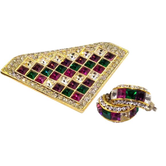 Diamond Shaped Crystal Encrusted Brooch and Matching Hoop Earrings, Colorful - Picture 2 of 4